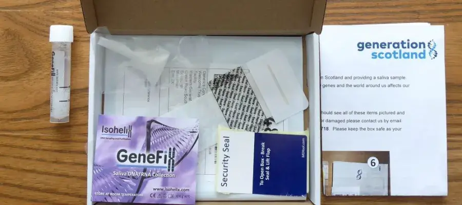 Saliva sample kit with sample tube and instructions