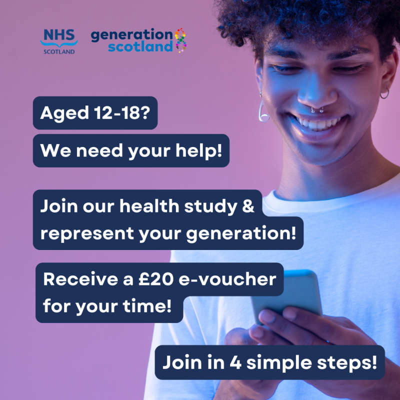 Aged 12-18? We need your help! Join our health study & represent your generation! & receive a £20 e-voucher for your time. Join in 4 simple steps. Young person looking at a phone and smiling.