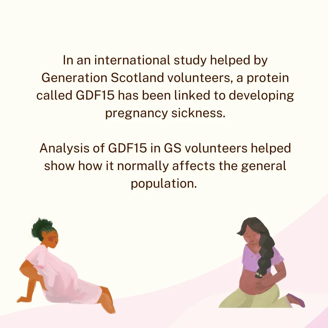 In an international study helped by Generation Scotland volunteers, a protein called GDF15 has been linked to developing pregnancy sickness. Analysis of GDF15 in GS volunteers helped show how it normally affects the general population. 