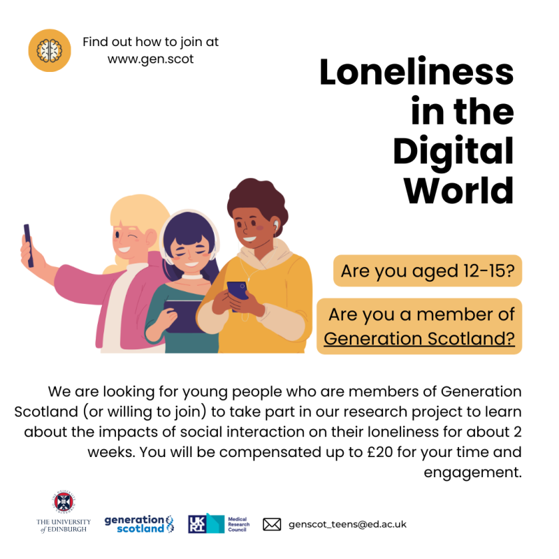Loneliness in the digital world. Image with animated characters with phones, with text: We are looking for young people who are members of Generation Scotland, or willing to join, to take part in our research project to learn about the impacts of social interaction on their loneliness for about 2 weeks. You will be compensated up to £20 for your time and engagement.