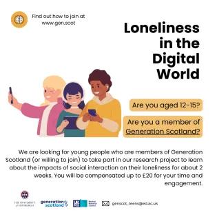 Loneliness in the digital world. Image with animated characters with phones, with text: We are looking for young people who are members of Generation Scotland, or willing to join, to take part in our research project to learn about the impacts of social interaction on their loneliness for about 2 weeks. You will be compensated up to £20 for your time and engagement.