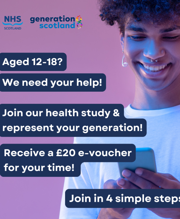 Aged 12-18? We need your help! Join our health study & represent your generation! & receive a £20 e-voucher for your time. Join in 4 simple steps. Young person looking at a phone and smiling.