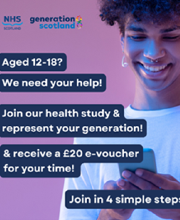 Aged 12-18? We need your help! Join our health study & represent your generation! & receive a £20 e-voucher for your time. Join in 4 simple steps.  Young person looking at a phone and smiling.