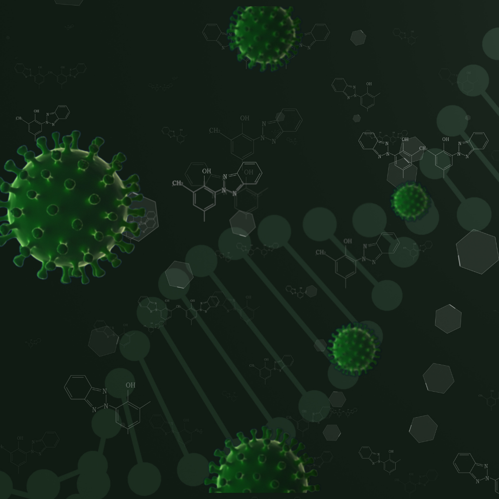 Green dna on black background surrounded by green Covid-19 viruses